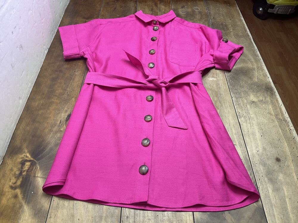 Sezane Hot Pink Short-Sleeve Button Mini Dress Linen Blend Minimalist Small